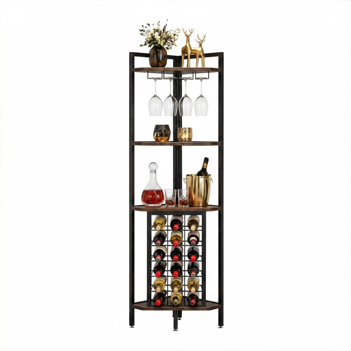 HomeGoodies - Hoekwijnrek – Wijnkast met glashouder en 4 niveaus voor 18 flessen – Compact hoekdesign – 40 x 40 x 160 cm – Zwart