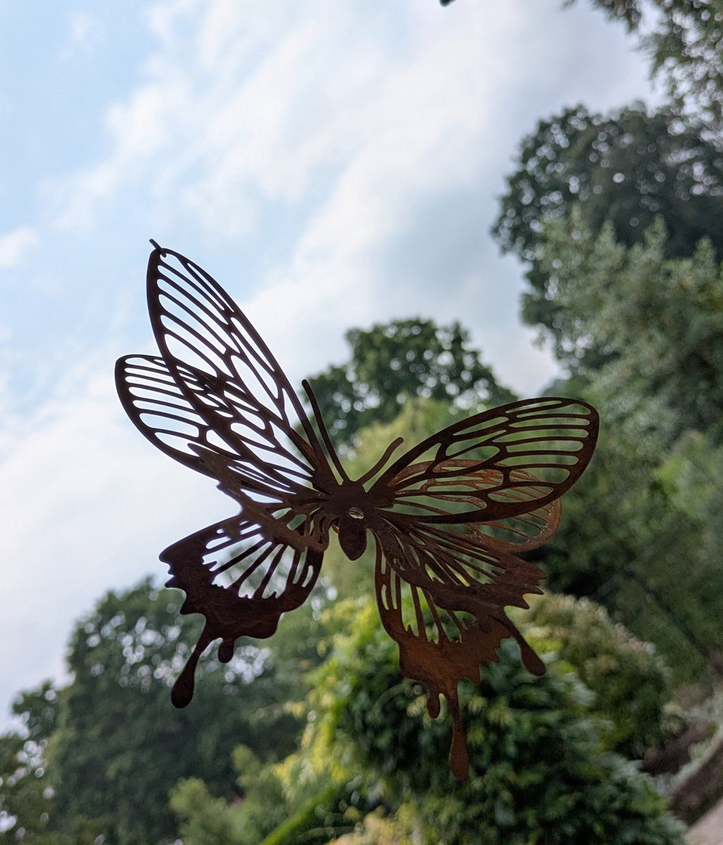 Ornament voor binnen of buiten in de tuin; dubbele roestige vlinder