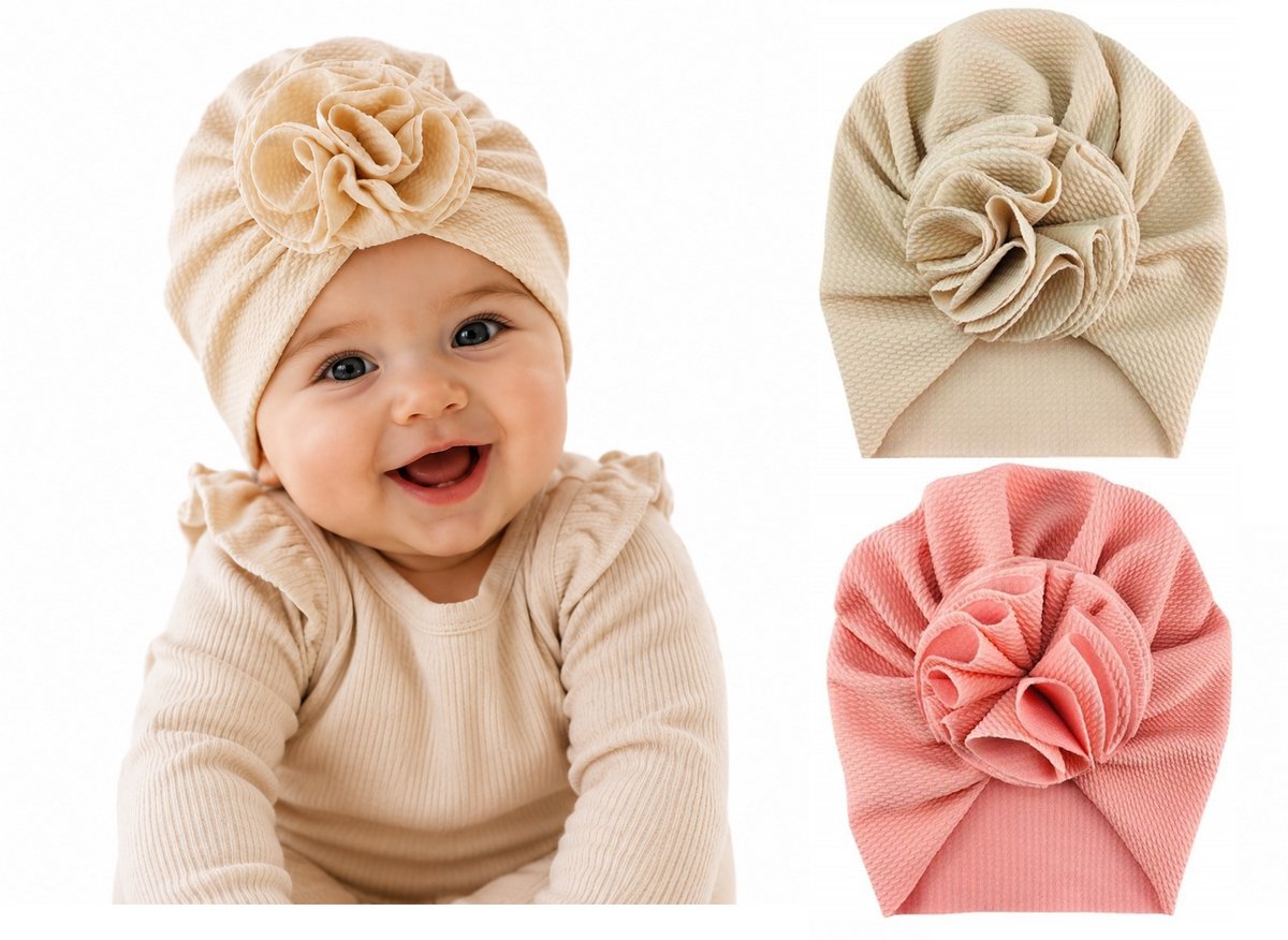 Babymutsjes Meisje met Bloem - Set van 2 Tulband Mutsjes - Roze & Crème - Zachte Baby Mutsjes 3 tot 15 Maanden