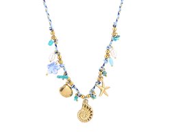 Ketting Touw Maritiem - Blauw / Goud - Kleurvast Stainless Steel - Touwketting met bedels - Verkleurt niet