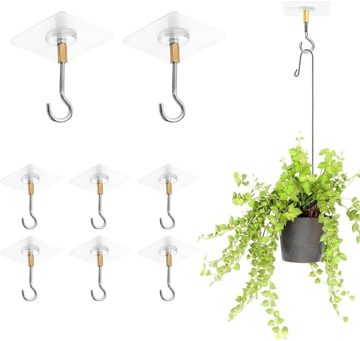 Dailygoods- Plafondhaken Zelfklevend - 8 Stuks - Plantenhaak - Zonder Boren - Duurzaam PVC/Metaal - Ideaal voor Langdurig Gebruik - Plantenhanger