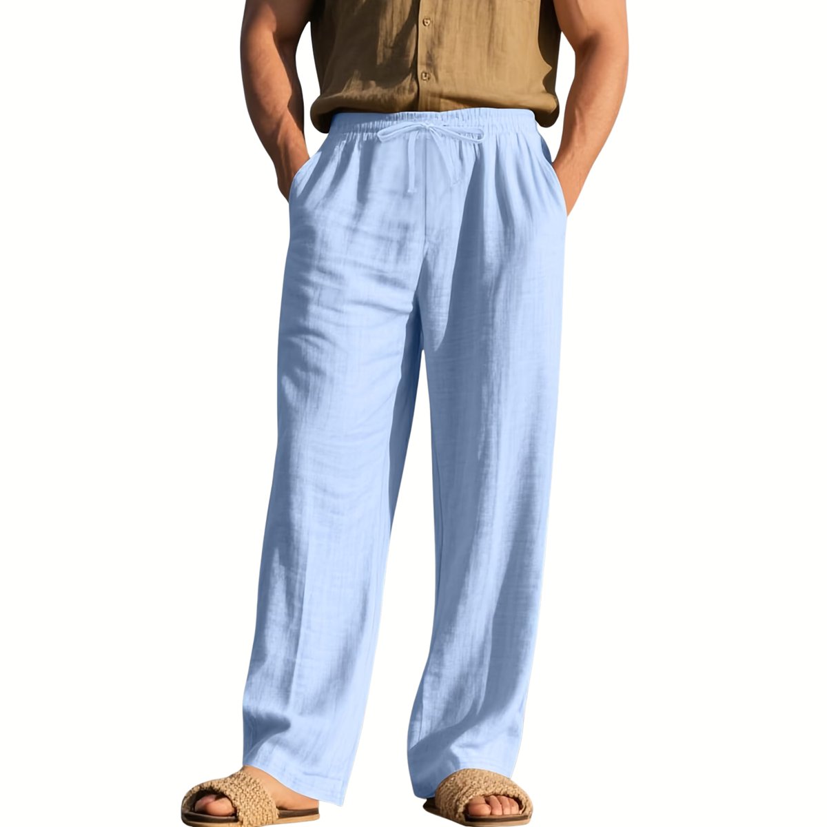 Currero Linnen Broek Heren Zomerbroek Volwassenen Lange Broek Pantalon Strandbroek Zomer Ibiza Stijl Hemelsblauw