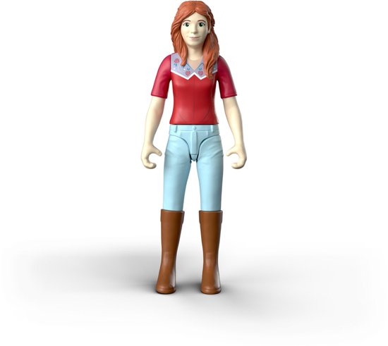 Jong meisje met rood shirt, blauwe broek en bruine laarzen, met rood haar.