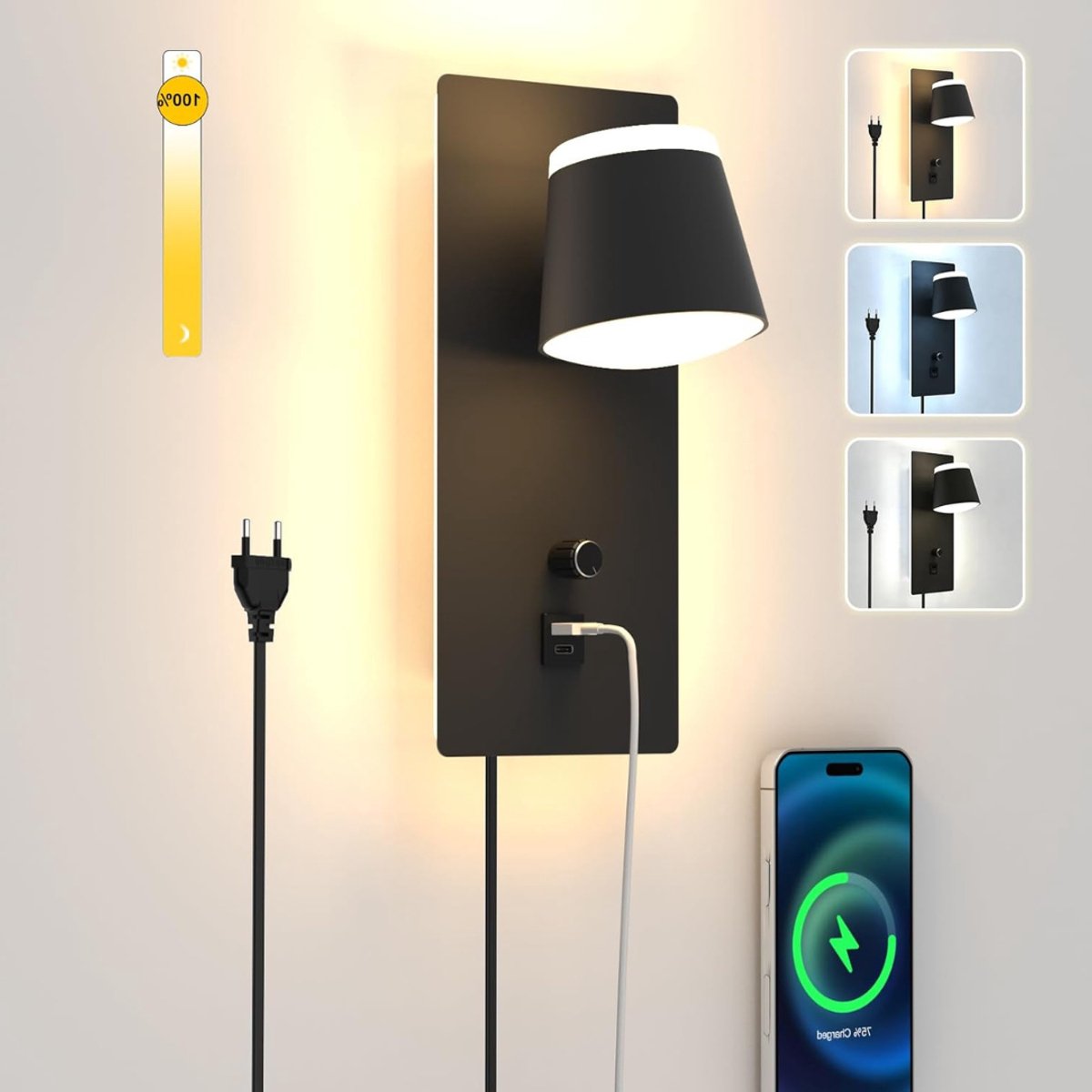 CRLYN® Wandlamp Binnen met Snoer - Wandlamp met Stekker voor Binnen - Zwart
