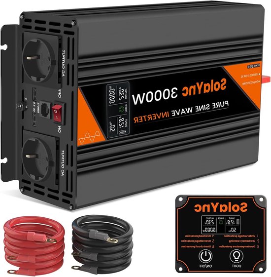 Zuivere Sinus Omvormer - Stroomomvormer 12V 230V - Mobiel Stroomvoorziening - LCD Afstandsbediening - 3000 Watt - Zwart