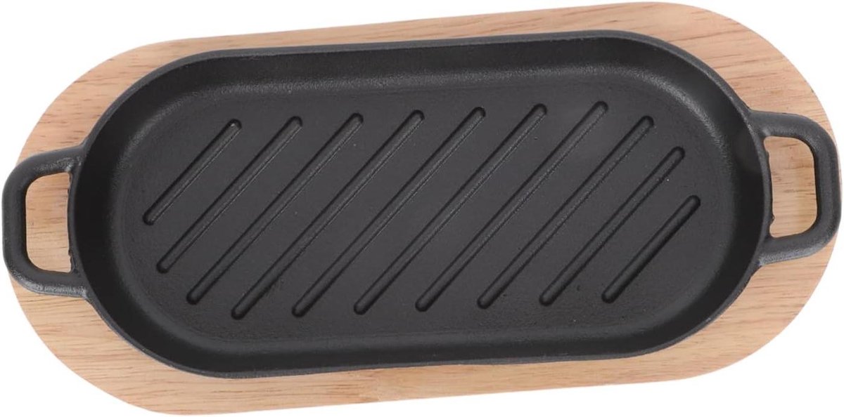 Grillpan met Houten Plank Steakpan BBQ Gegrild Eten Serveren Non-stick Coating 22x11cm Zwart