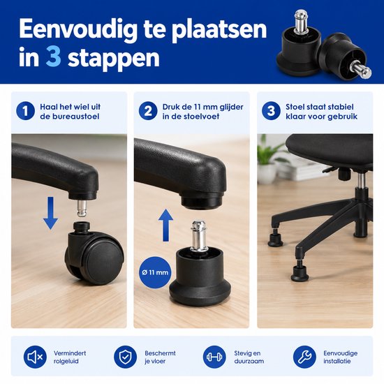 Installatie van stoelglijders: verwijder wiel, plaats 11mm glijder, stoel is stabiel.