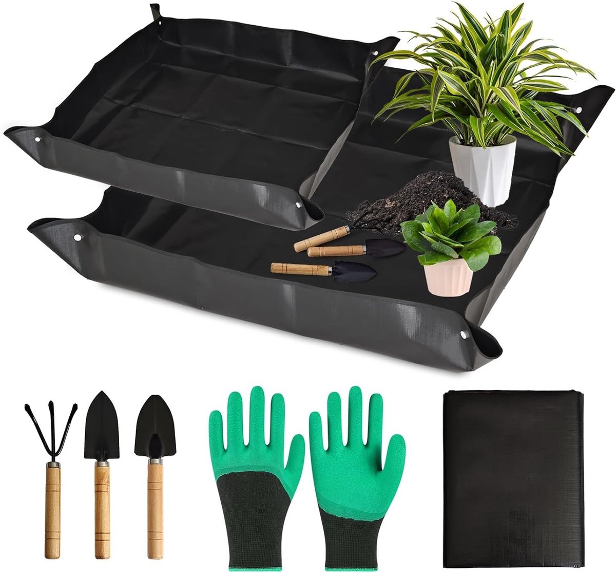 Waterdichte Plantmat, Vouwbare Potgrondmat met Tuingereedschap voor Verplanten, Snoeien en Repotteren - Set van 2 Stuks (100x100cm, 66x66cm, Zwart)
