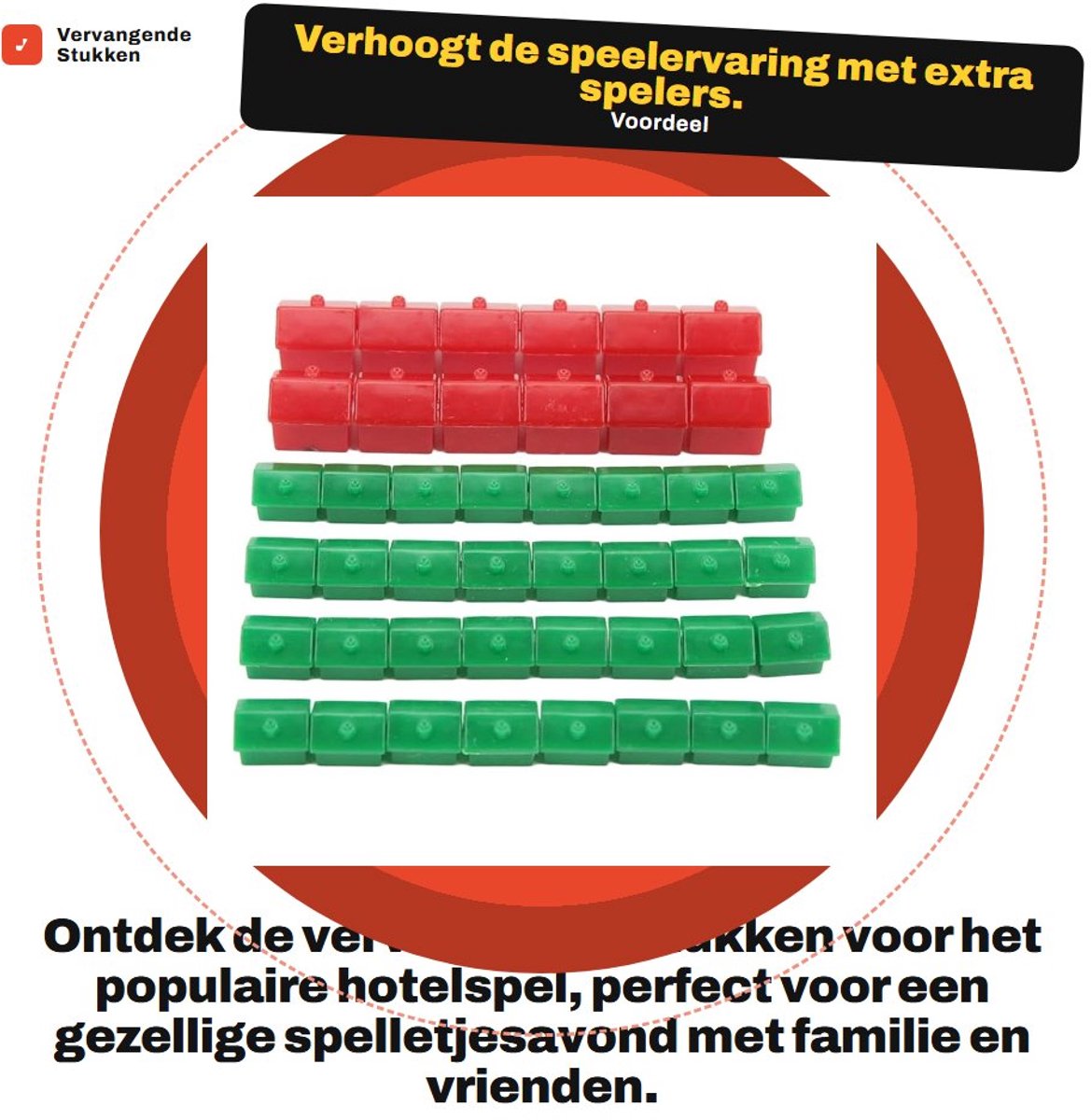 Dailygoods- Hotelspel Vervangende Stukken - Draagbare Plastic Hotels - Speelaccessoires - 10 Rode Huizen - 30 Groene Huizen - Lichtgewicht en Slijtvast - Bordspel