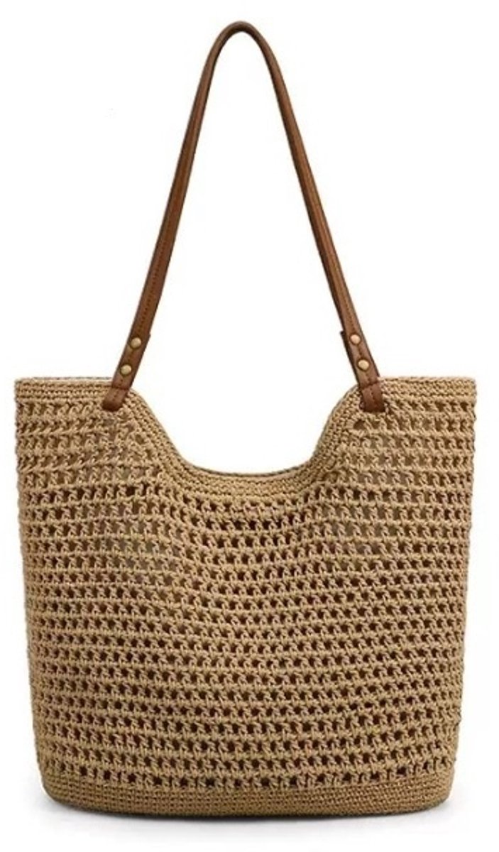 Handgeweven Rieten Shopper Tas 38x36cm met kunstleren schouderriemen, Ruime Khaki Zomer Strand Tote Tas, Ademend Opengeweven Strandtas voor Vakantie, Dagelijks Gebruik en Buitenuitjes, Multifunctionele ruime schoudertas voor dames