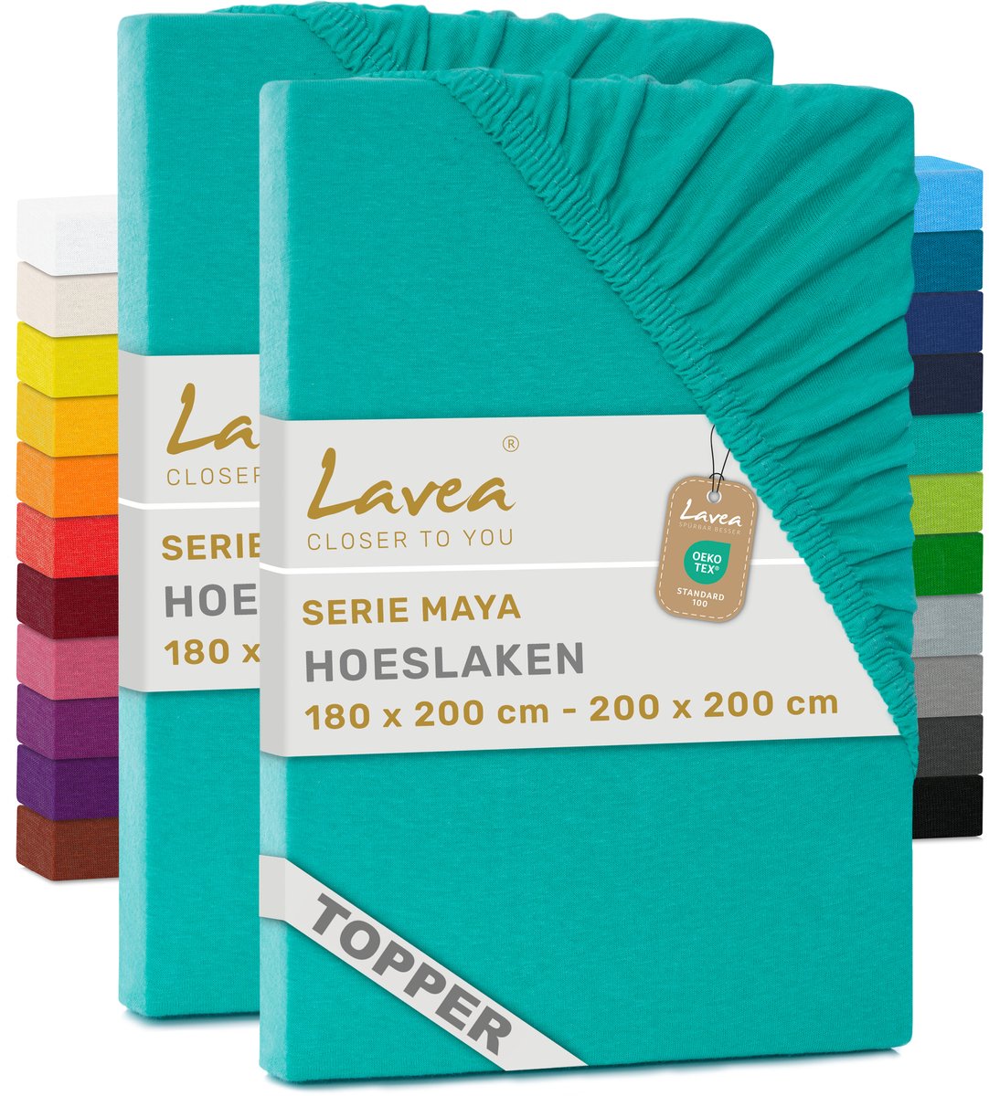 Lavea® Set van 2 Hoeslakens voor Topper 180x200 cm – 100% Katoen Jersey – voor Topmatras tot 10 cm – met Elastiek rondom – Turquoise