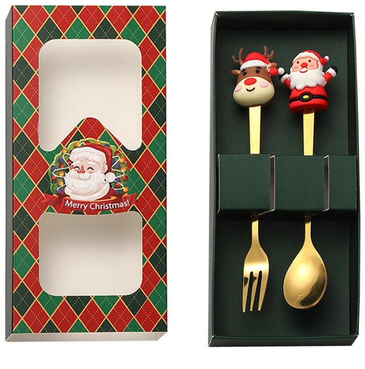 Dailygoods- Bestekset 2 Stuks - Roestvrij Stalen Bestek - Gouden Bestek - Hoogglans Gepolijst - Vaatwasmachinebestendig - Uniek Ontwerp Kerstman/Eland - Servies