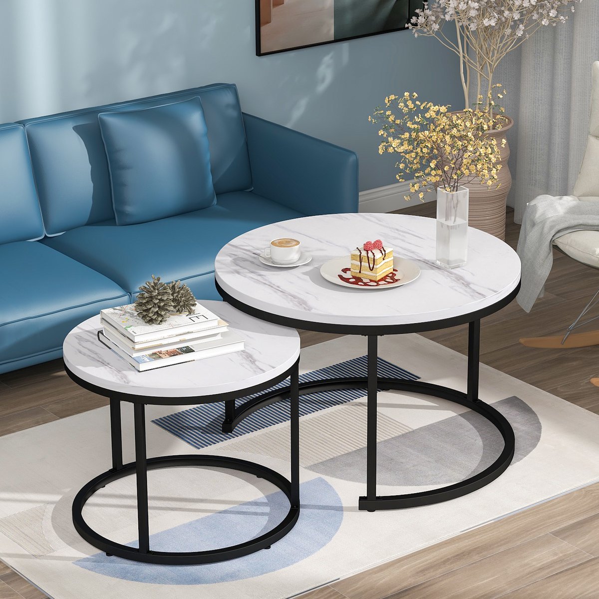 DESMIU Ronde Salontafel Set Van 2 - Stijlvol Nestbaar Design - Voor Woonkamer En Interieur - MDF Met Marmerlook - Groot 50 X 70,5 Cm Klein 45,5 X 44 Cm