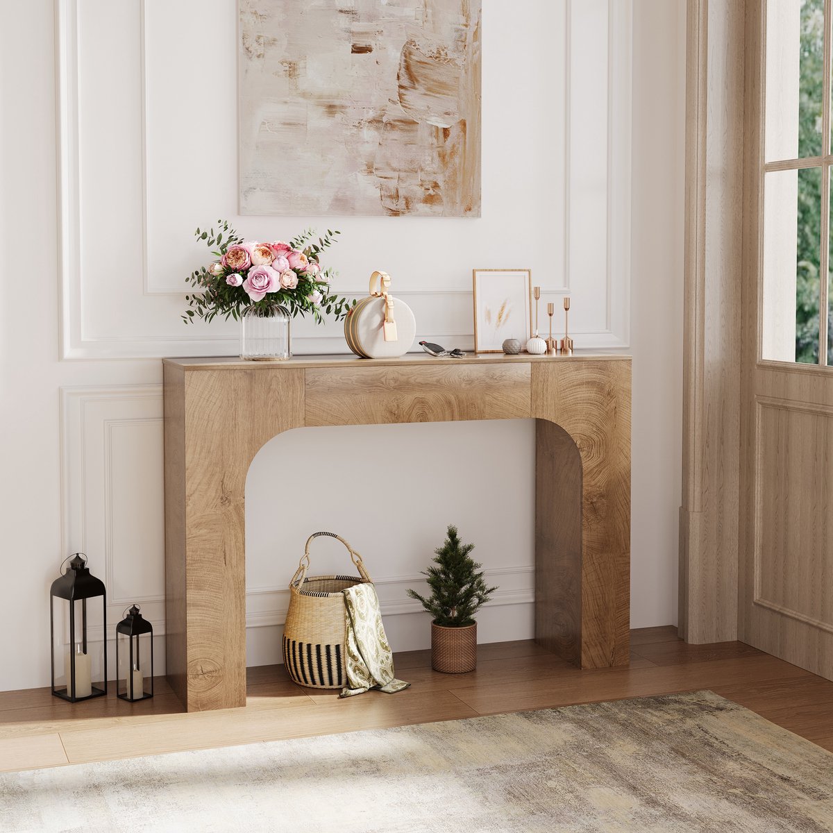 Slank landelijk wandtafel voor de woonkamer – smalle houten entreetafel met rustiek eikenaccent, ruimtebesparend gangmeubel, geschikt achter de bank of in de hal, 120 cm