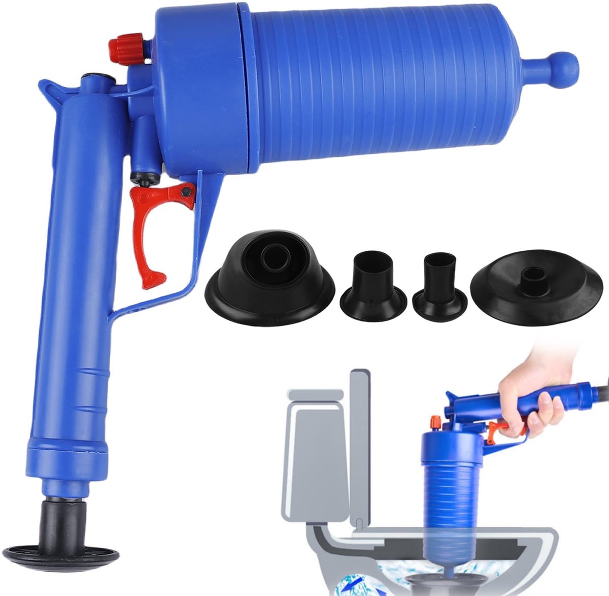 Dailygoods - Perslucht Buisreiniger met 4 Rubberen Adapters - Afvoerreiniger voor Toilet en Douche