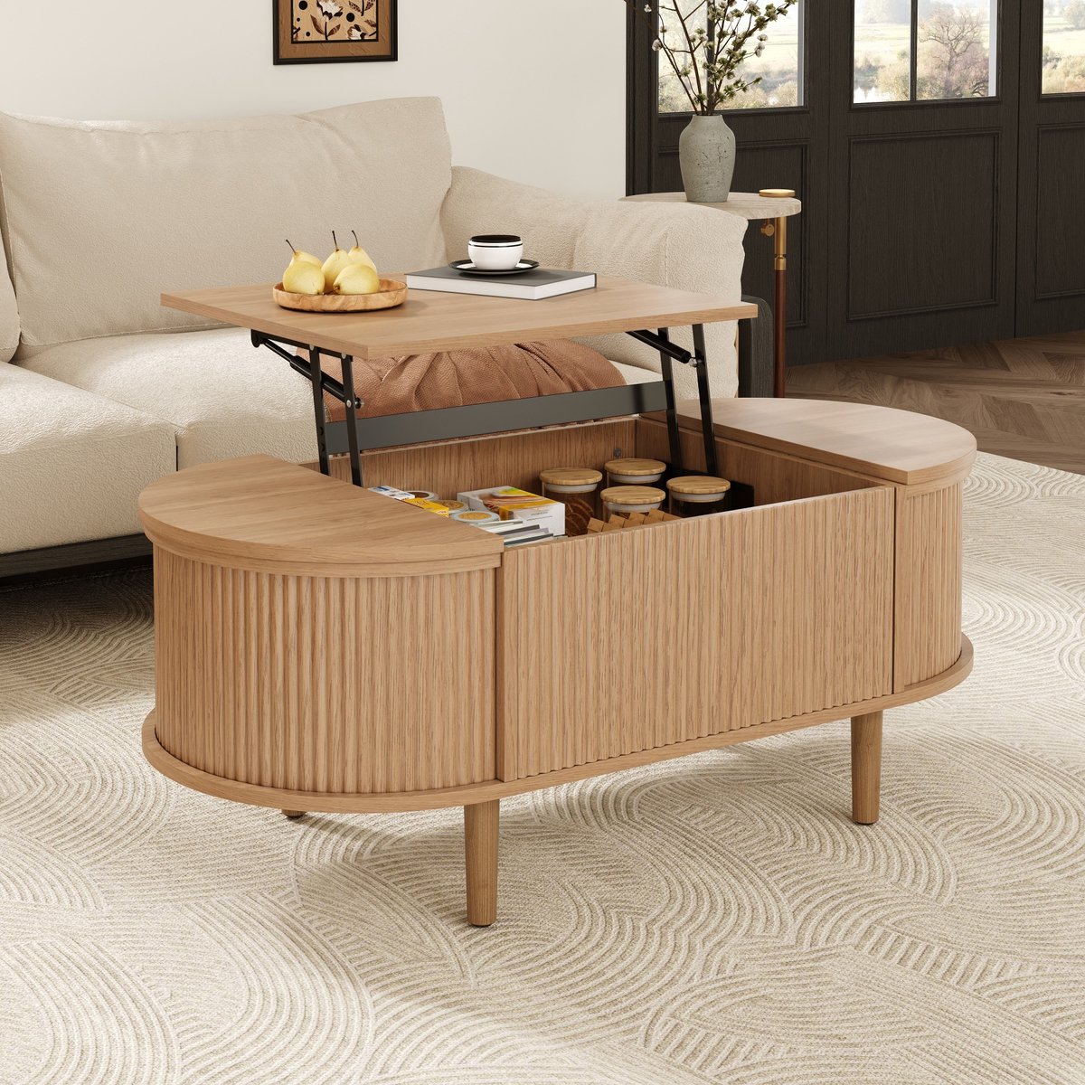 DESMIU Couchtafel Met Opbergruimte En Verstelbaar Blad Voor Woonkamer En Kleine Ruimtes Van MDF En Massief Hout In Eikenkleur 100 X 48 X 53,5 Cm