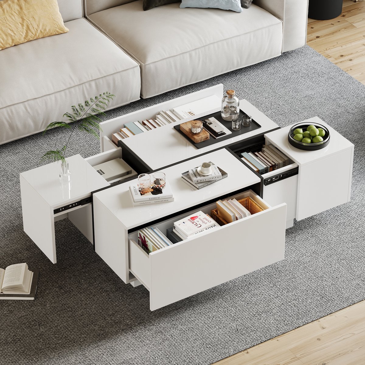 DESMIU Salontafel - Hoogglans Bovenblad Met Vier Lades En Modern Zwart Wit Inlegdesign - Voor Woonkamer En Opbergruimte - Spaanplaat - 100x60x40 Cm