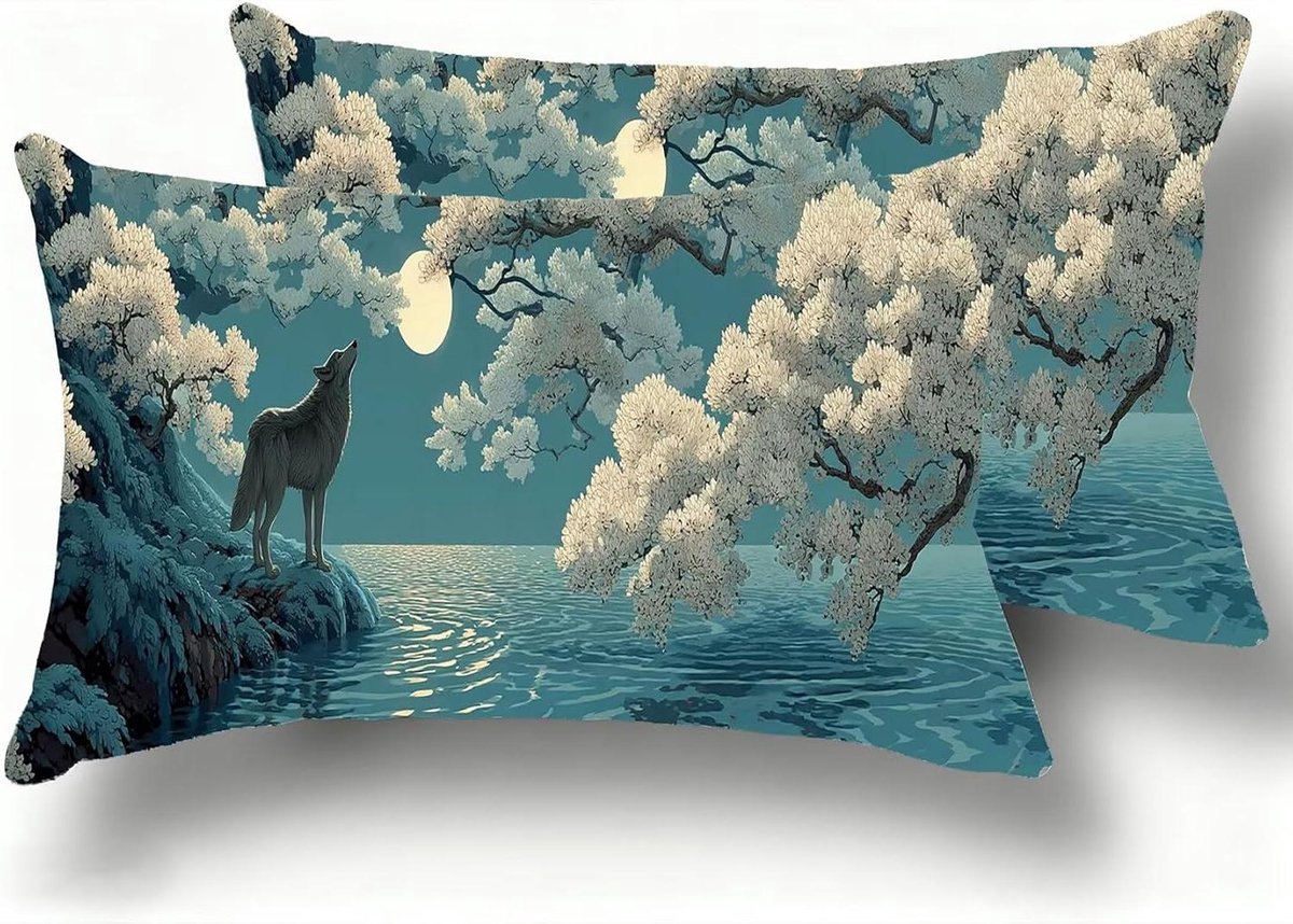 Kussenslopen Set - Decoratieve Hoezen - Bank Decoratie - Zacht Fluweel - 30 x 60 cm - Wolf