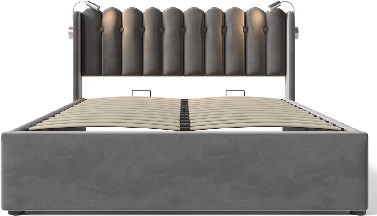 COVREO Bedframe 160x200 cm grijs, leeslamp, USB en opbergruimte, zonder matras
