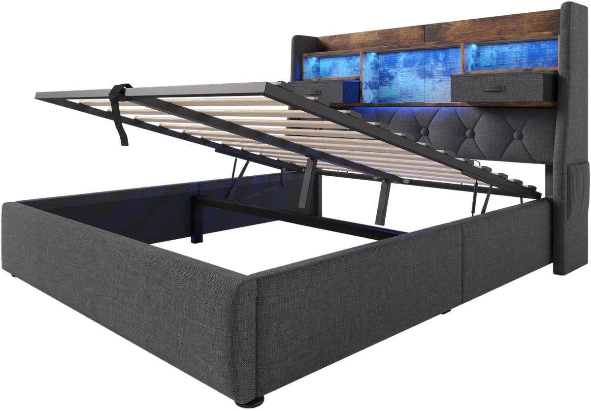 COVREO Gestoffeerd bed met LED – 221x152,5x116 cm – Tweepersoonsbed met opbergruimte – Lattenbodem met USB – Grijs - met matras