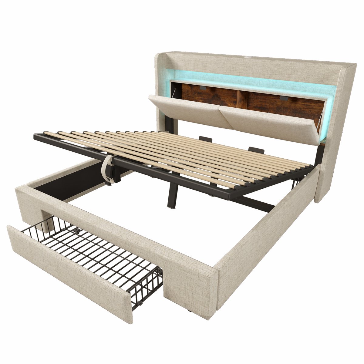 COVREO Bed 180x200 cm - beige, met hydraulische opbergruimte, LED, USB en USB-C
