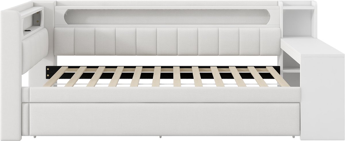 COVREO Bed 90x200 cm wit, met uitrolbed, bureau en LED, zonder matras