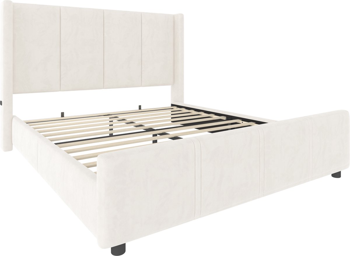 COVREO Bedframe 140x200 cm - beige gestoffeerd, hoog hoofdeinde, zonder matras