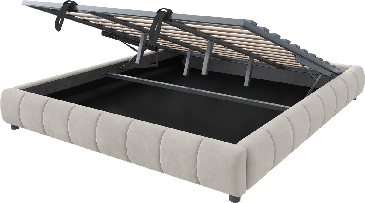 COVREO Bedframe met opbergruimte en LED-licht – 180x200 cm – Stoffen bed met lattenbodem – Slaapkamerbed voor volwassenen – Beige - zonder matras