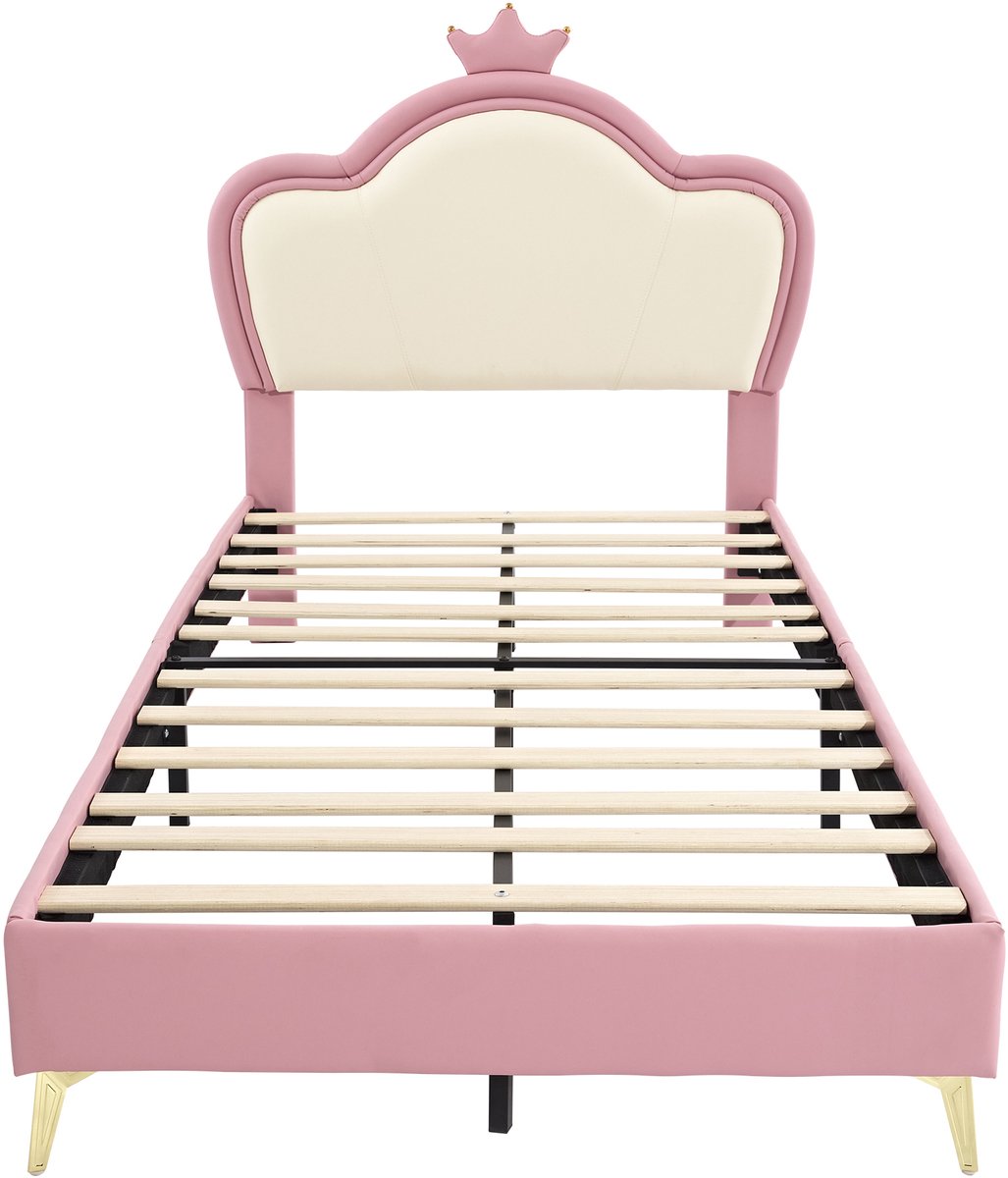 COVREO Kinderbed 207x95,5x112 cm – roze en wit kunstleer, kroonhoofdbord en zachte randen