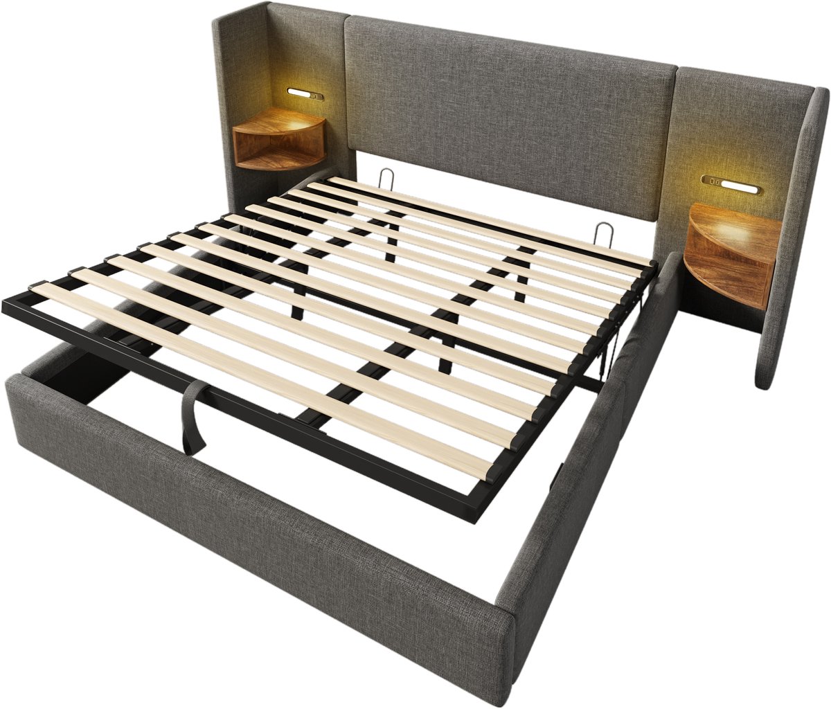 Gestoffeerd tweepersoonsbed van 180x200 mm met nachtkastje, leeslampje en USB Type-C-oplaadfunctie. Het bedframe heeft opbergruimte en het bedframe is gemaakt van massief hout en metaal. Grijze linnen stof (matras niet inbegrepen).
