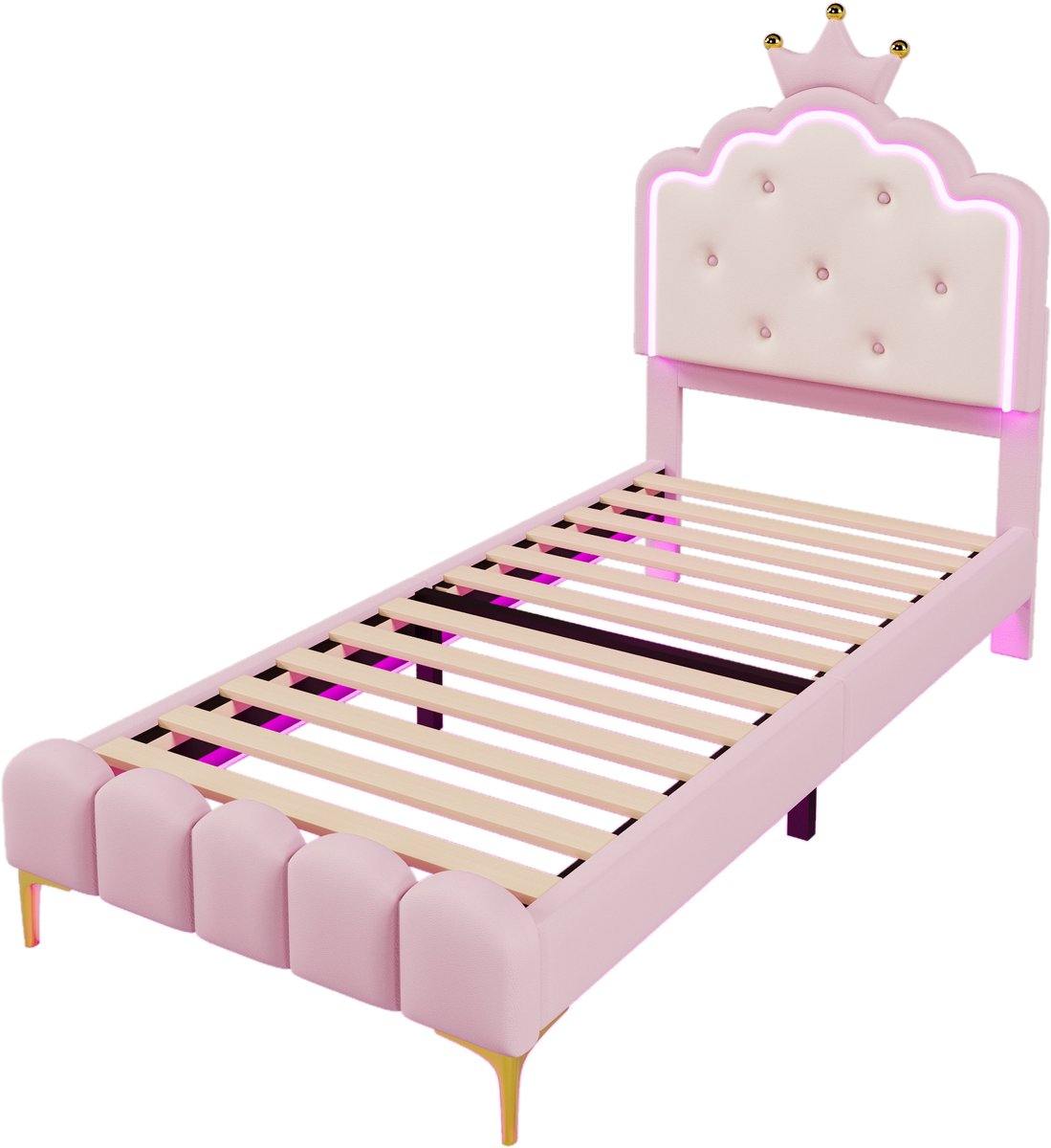 COVREO Bedframe 90x200 cm roze, PU, lattenbodem met LED, zonder matras