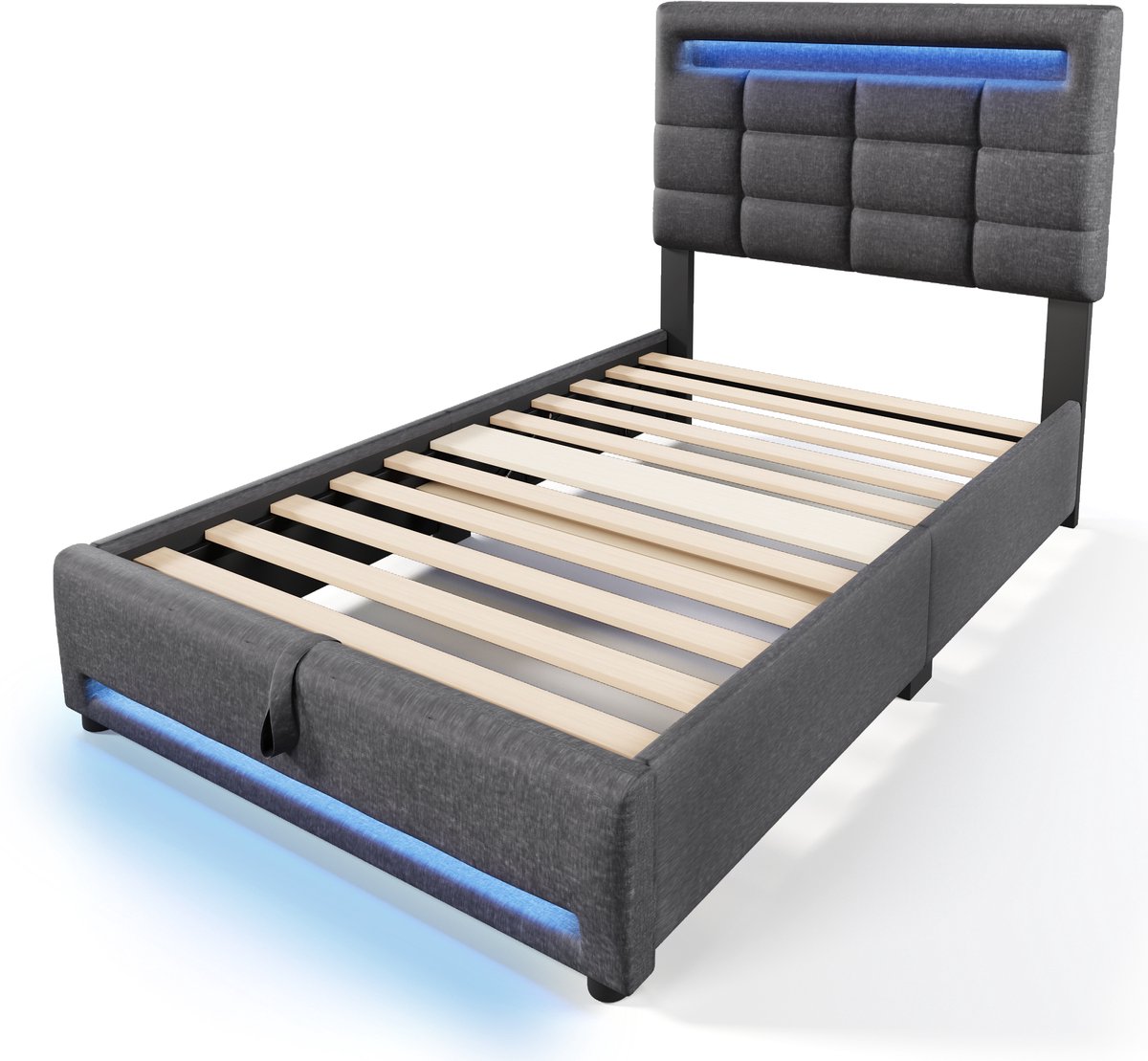COVREO Bedframe 90x200 cm grijs, stof, opbergruimte, zonder matras