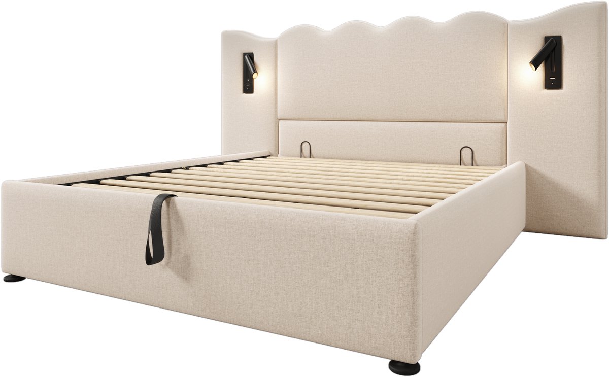 COVREO Bedframe 160x200 cm beige, opbergruimte, leeslamp, zonder matras