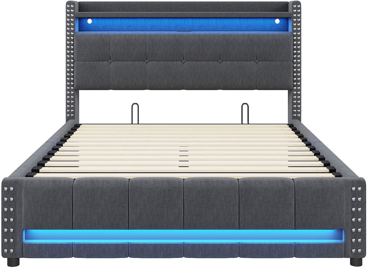 COVREO Bedframe 160x200 cm - 225 cm, grijs stof, LED en USB, zonder matras