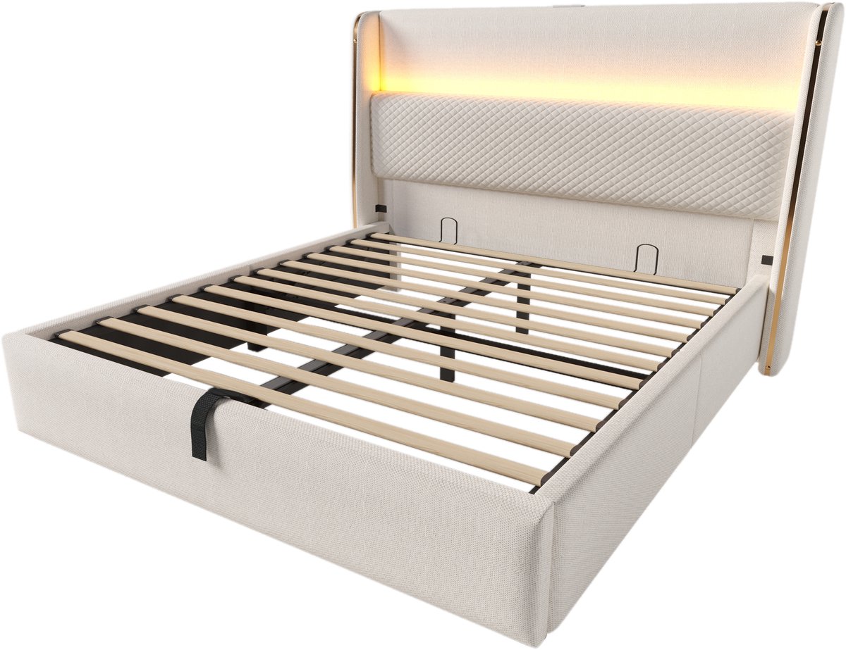 COVREO Bed 160x200 cm beige stof, met opbergruimte en LED-verlichting