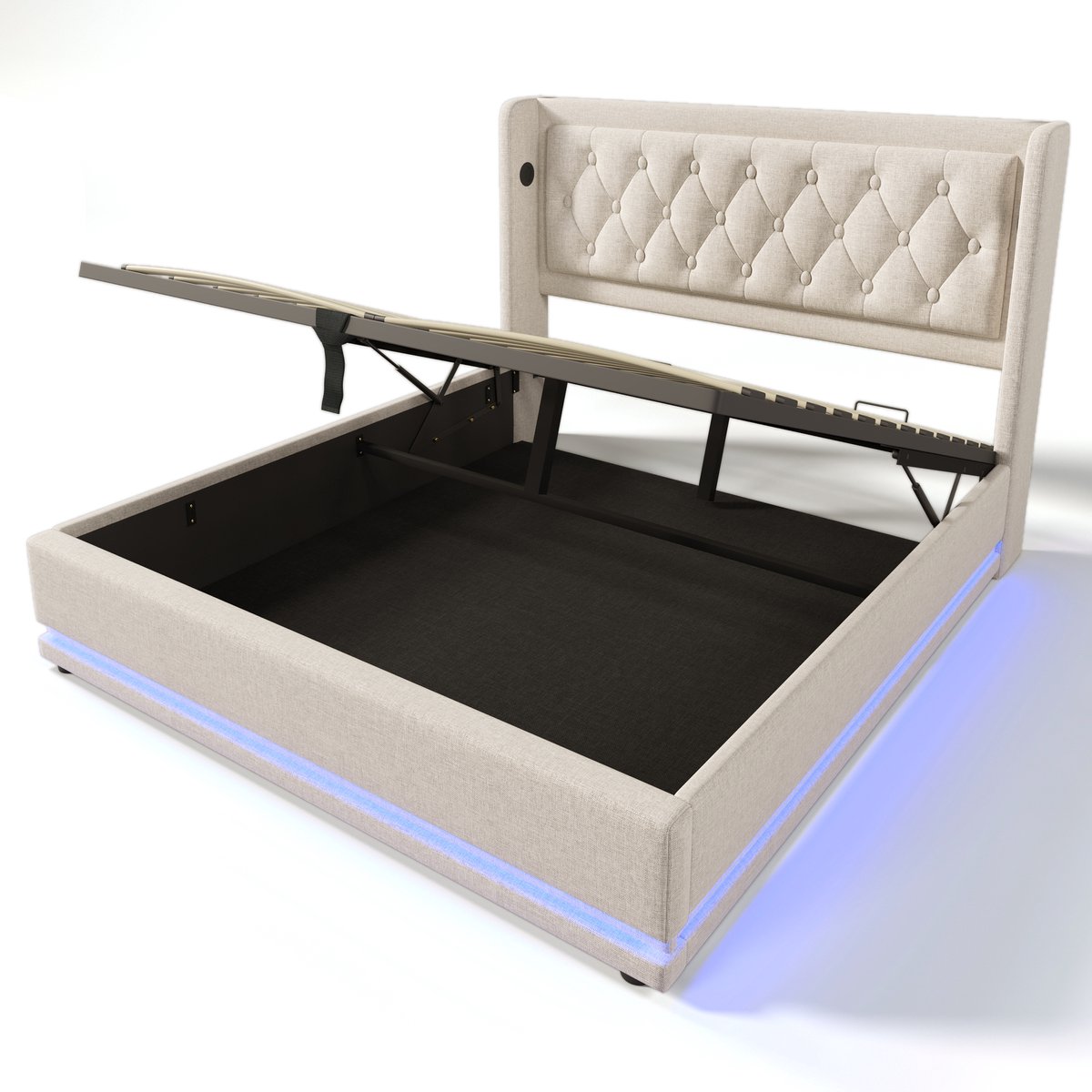 COVREO Bedframe 160x200 cm beige stof, LED en USB-C, zonder matras
