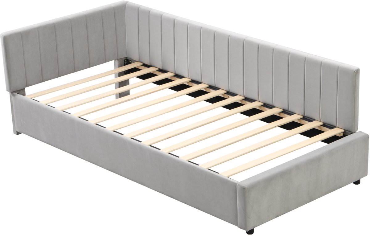 COVREO Bedbank 197 x 97 x 65 cm - grijs, stof, lattenbodem, 90 x 200 cm