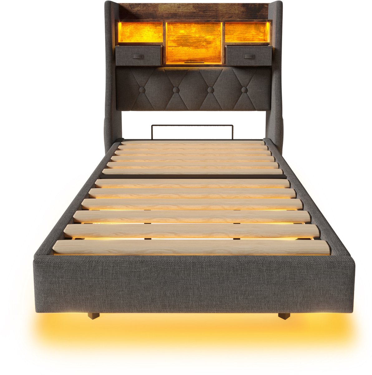 COVREO Bed met LED-verlichting en ladestation – 90x200 cm – Slaapbed met hoofdbord en opbergruimte – Grijs - zonder matras