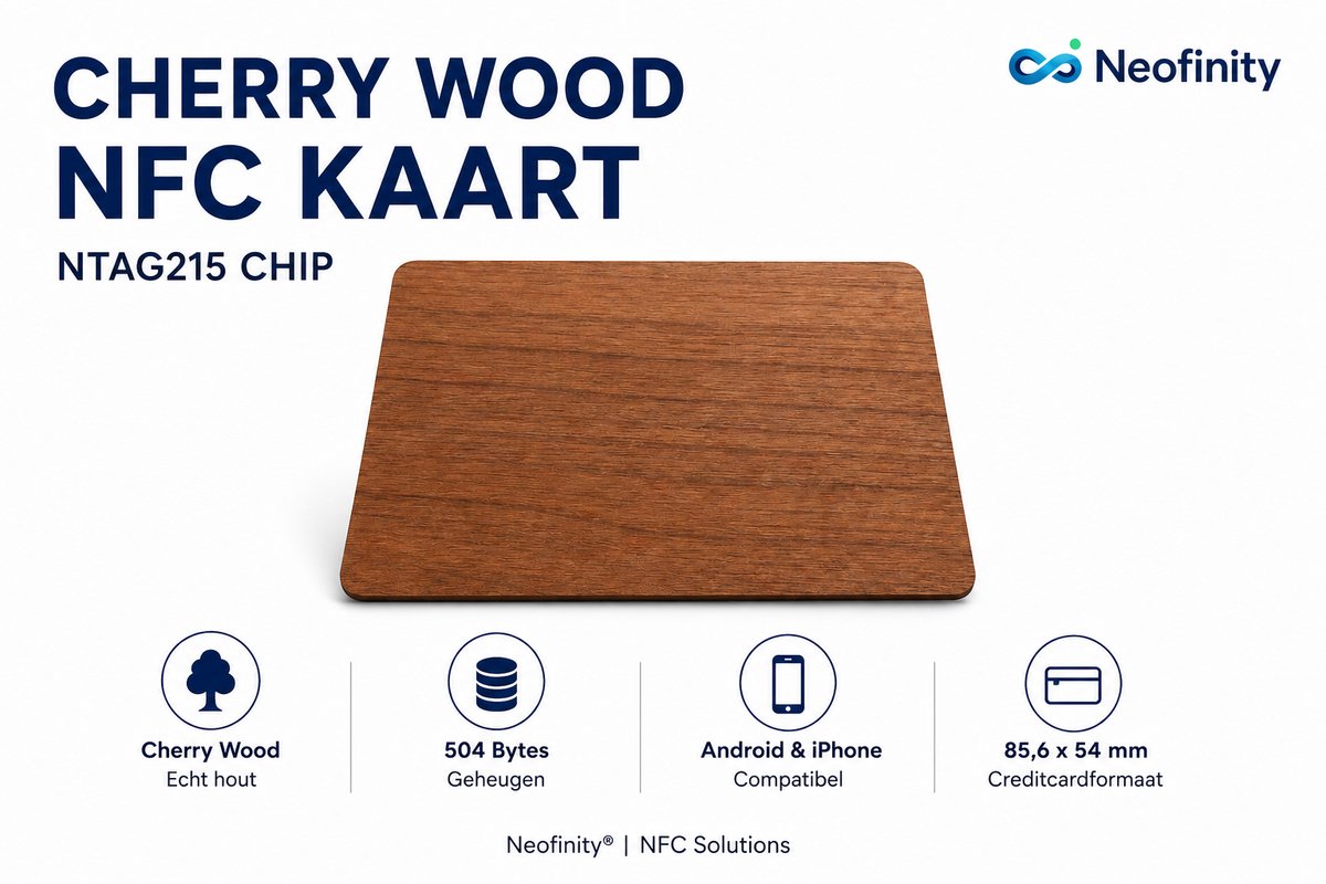 Neofinity Cherry Wood NFC Kaart NTAG215 – Houten NFC Visitekaart – Programmeerbare NFC Chip – 504 Bytes – Geschikt voor Android & iPhone – 5 Stuk