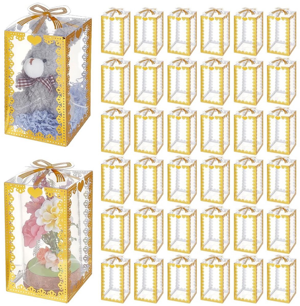 Dailygoods- Geschenkdozen 40 stuks - Doorzichtige PVC - Rechthoekig met gouden strikpatroon - Perfect voor bruiloften/feestjes - Afmetingen 7x7x14 cm - Eenvoudig in elkaar te zetten - Cadeauverpakkingen