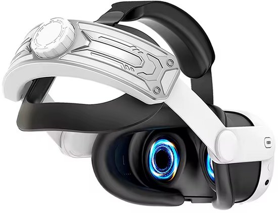 Een gedetailleerde close-up van een witte en zilverkleurige VR-headsetband met zwarte accenten.
