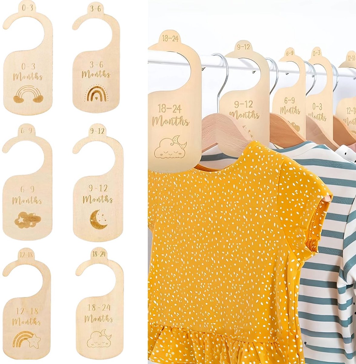Dailygoods- Kledingverdeler 7-delig - Houten Kledingorganizers - Baby Kleding Scheiders - Baby Kleding tot 24 Maanden - Decoratieve Kledingseparator - Eenvoudige Organisatie - Kledingorganizer