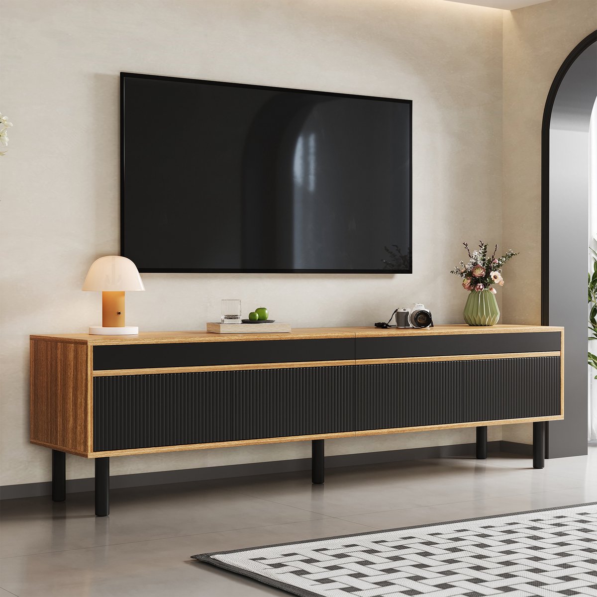 DESMIU Tv Meubel - 4 Deuren Met Drukopeningssysteem En Ruime Opbergruimte - Voor Woonkamer - Spaanplaat En Mdf - 170x38x47,7 Cm - Zwart Natuurlijk