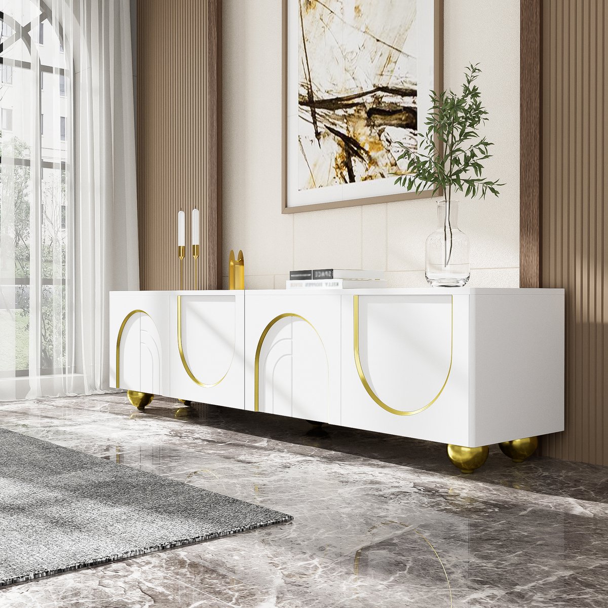 DESMIU Tv Meubel - Vier Deuren Met Push To Open En Opbergruimte - Voor Woonkamer En Mediahoek - Spaanplaat - 170x38x44 Cm - Wit Wit en Goud