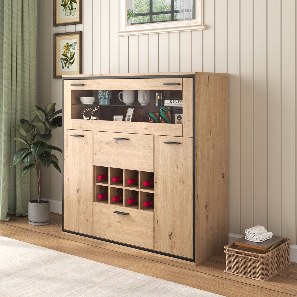 DESMIU Wijnkast - Met Dubbele Deuren, Glazen Scheidingswand En Ledverlichting - Voor Woonkamer En Eethoek - Spaanplaat - 110x38x111 Cm - Naturel