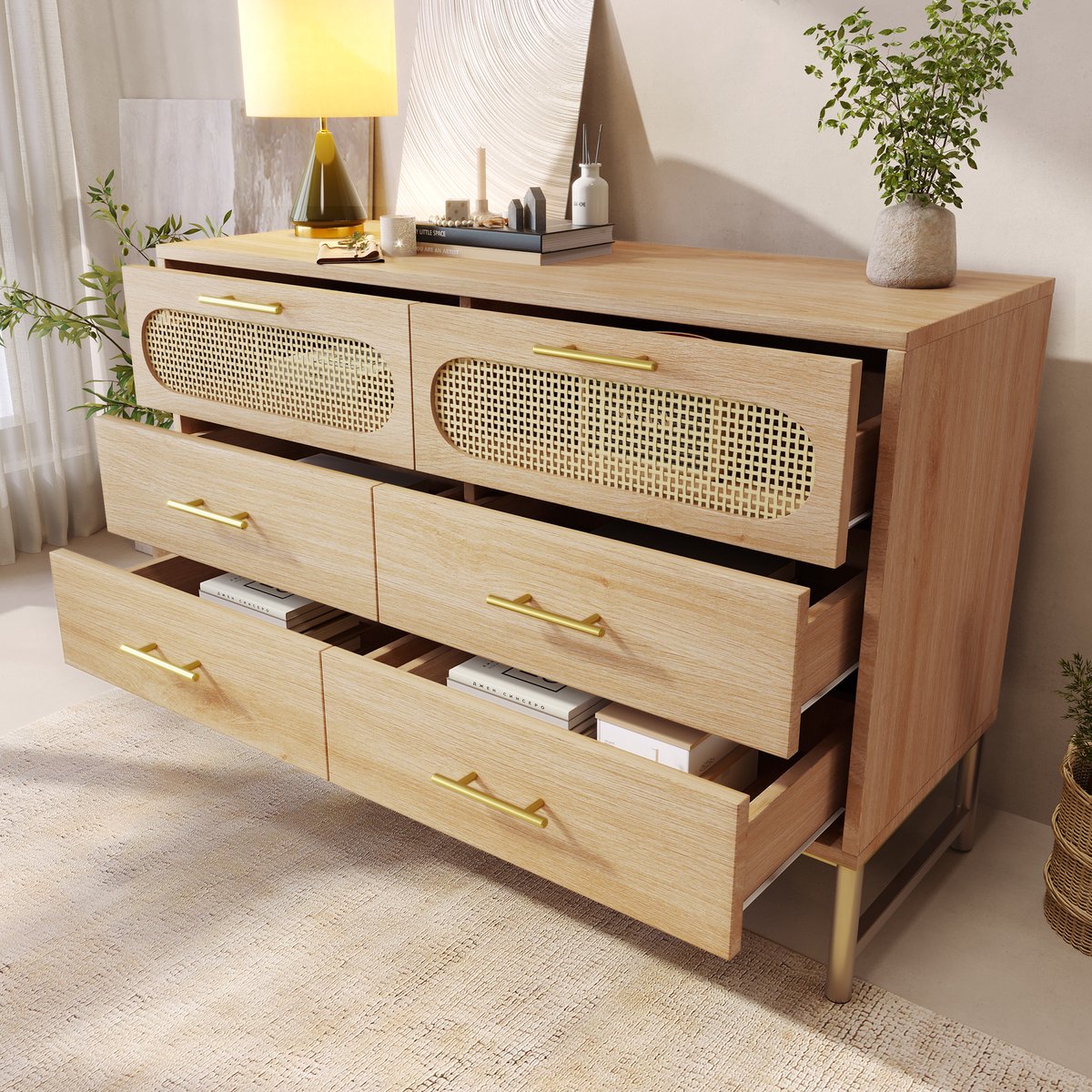 DESMIU Dressoir - Rattanlook Opbergkast Met 6 Laden - Voor Woonkamer Slaapkamer En Kantoor - Metaal En Spaanplaat - 120x40x74 Cm - Sonoma Eiken
