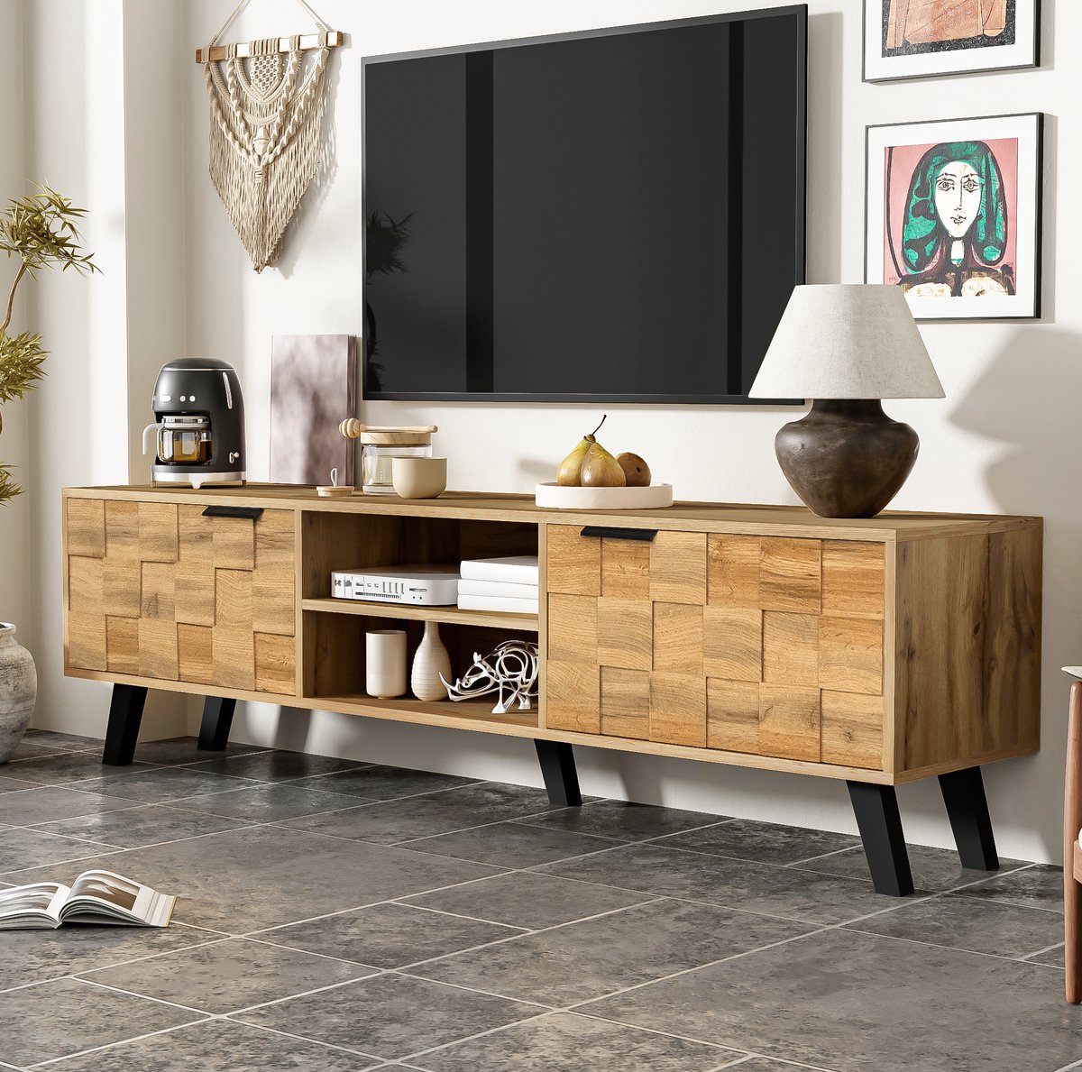 DESMIU Tv Meubel - Modern Ontwerp Met 2 Deuren En 2 Open Vakken - Opbergruimte Voor Woonkamer - Spaanplaat - 160,5x35,5x45 Cm - Houtkleur Onbehandeld