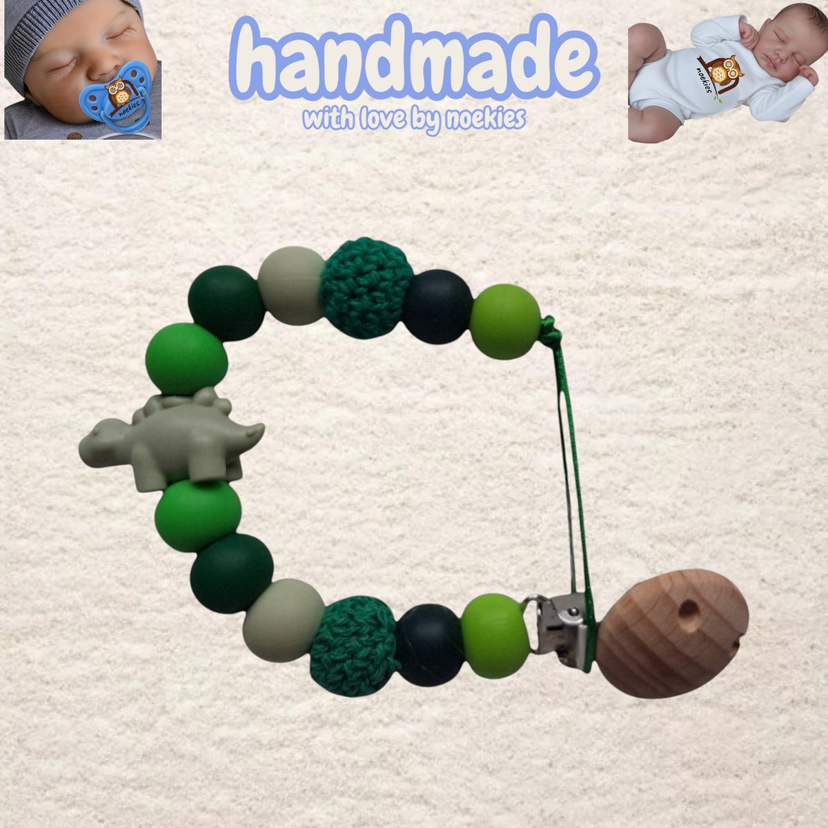 noekies speenkoord dino stekel khaki groen Kraamcadeau - Speenketting - Babycadeau - Babyshower nr 23