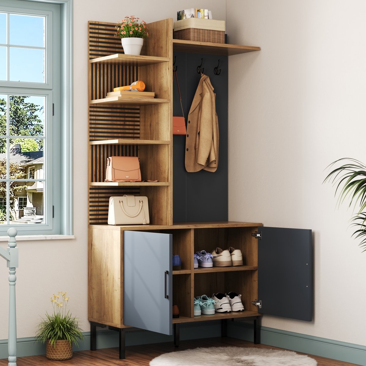 DESMIU Garderobekast - Met Schoenvak Haken En Verstelbare Plank - Ruimtebesparend Voor Hal En Entree - Spaanplaat En Metaal - 100x40x190,5 Cm