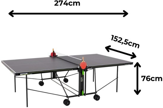 Afmetingen van de Kettler tafeltennistafel: 274cm lang, 152,5cm breed, 76cm hoog.